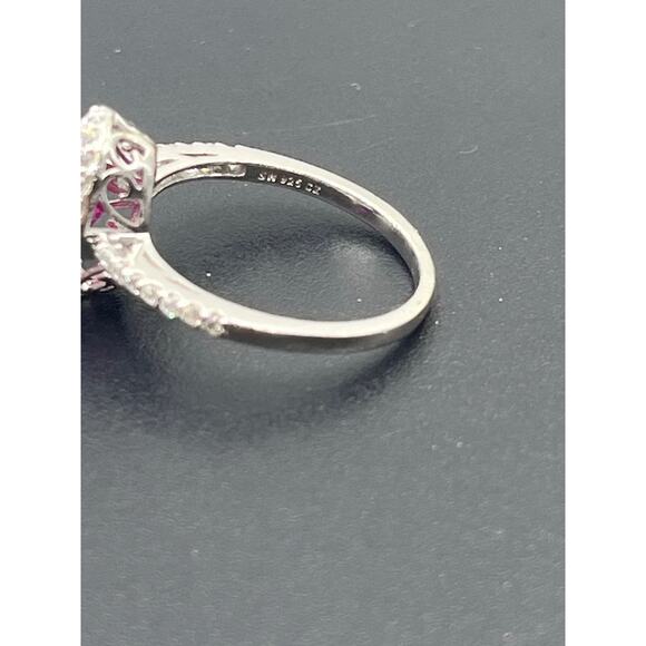 SW 925 CZ Sterling Silver Lab Created Red Ruby and CZ Halo ring Sz 7.5 - Picture 9 of 10